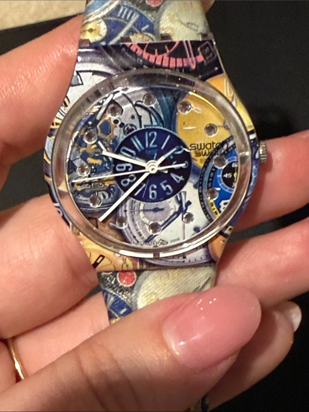 Swatch Multicolor Patterned Graphic Watch with Blue Dial